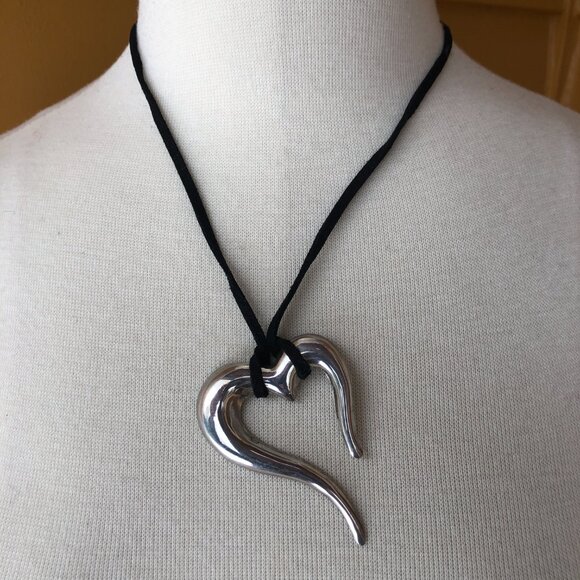 Sterling Open Free Form Asymmetric Heart Pendant on Black Suede Cord Necklace - Picture 6 of 6